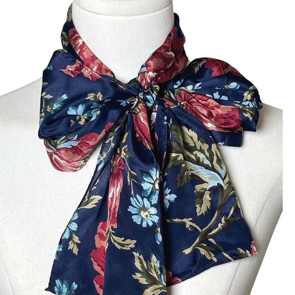 Floral Satin Neck Scarf Navy Blue Bow Tie Neck Cottagecore Vintage‎ Style OS